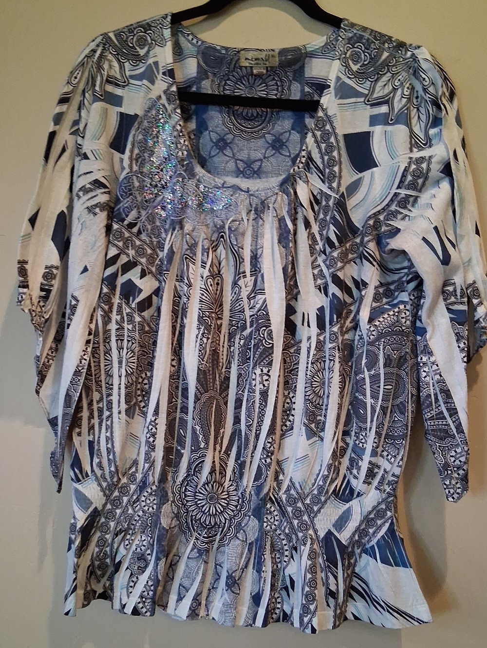 ONE WORLD Blue and White Printed Peasant Blouse with Sequin Butterfly Accent